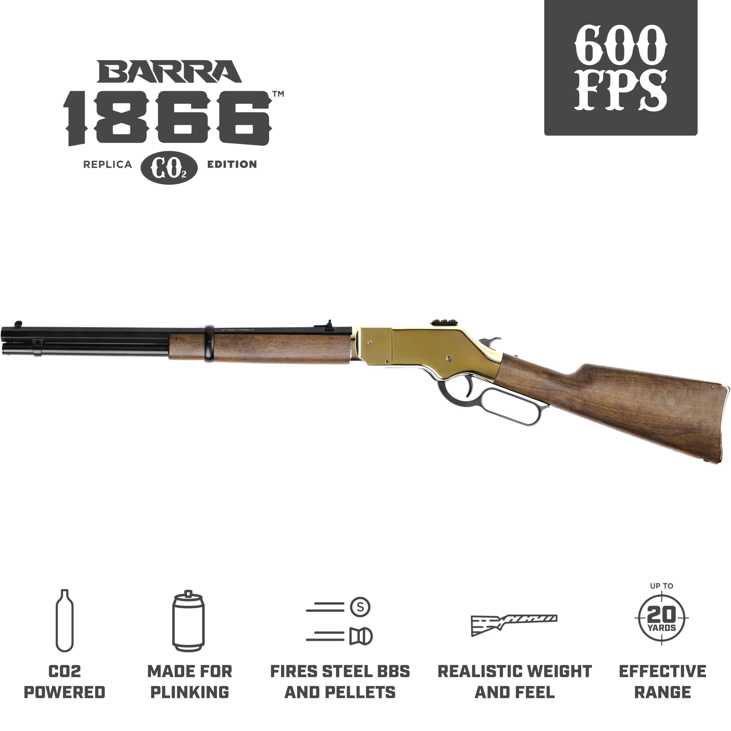 Barra 1866 CO2 Lever-Action BB Rifle | .177 Caliber Full Metal Replica | Dual CO2 Power | 10-Round Capacity | Gold Finish