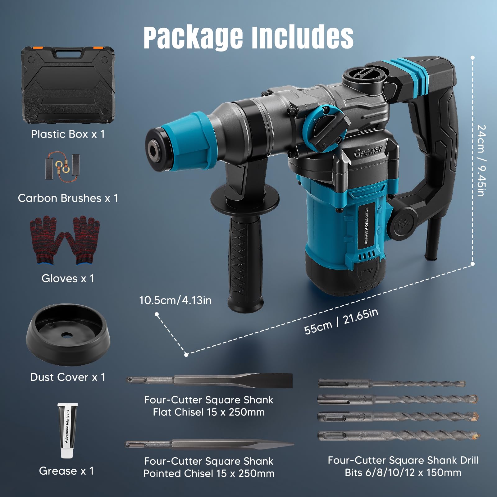 3 in 1 trapano a percussione,1500W martello demolitore,Martello demolitore da 12 J,con 6 punte e scalpelli,diametro di foratura 40 mm,demolitore elettrico giunto antivibrante e di sicurezza