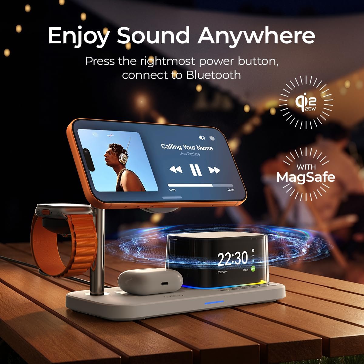 QI2.2 Charging Station for Apple Device【 25W Fast Charging+Cooling Fan】 5in1 Magnetic Wireless Charger with Speaker and Alarm Compatible with MagSafe for iPhone/Watch/AirPod (45W Adapters Included)