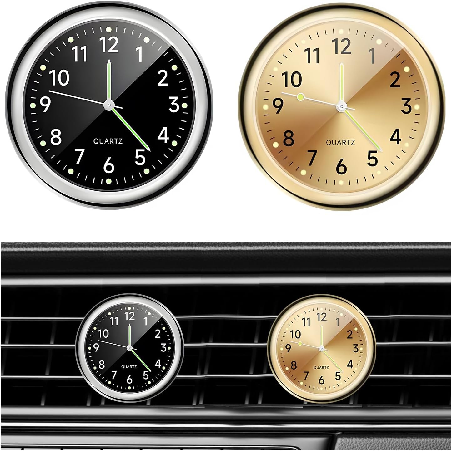 2 PCS Stick on Dashboard Car Clock, Mini Tiny Analog Quartz Luminous Air Vent Clocks, Self Adhesive Automotive Vent Clocks Watch, Vehicle Clock for Dashboard Decoration (Golden+Black)