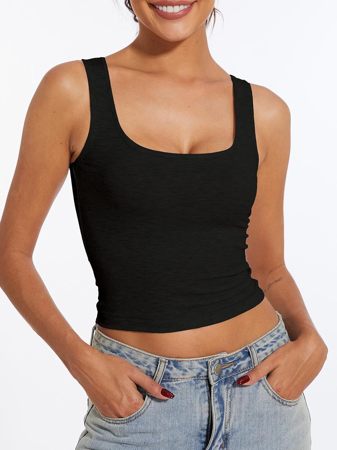 AnotherChill Women's Ribbed Crop Tank Tops Scoop Neck High Back Basic Sleeveless Rib Shirt Summer Athletic Top - Image 4