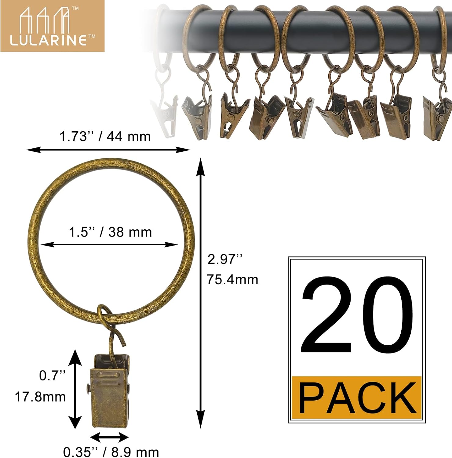20 Pack Curtain Rings with Clips 1.5" Interior Diameter,Metal Drapery Clips with Rings,Curtain Clips,Strong Vintage Decorative Rustproof Drapery Ring with Hooks for Bathroom,Bedroom(Bronze) image 2