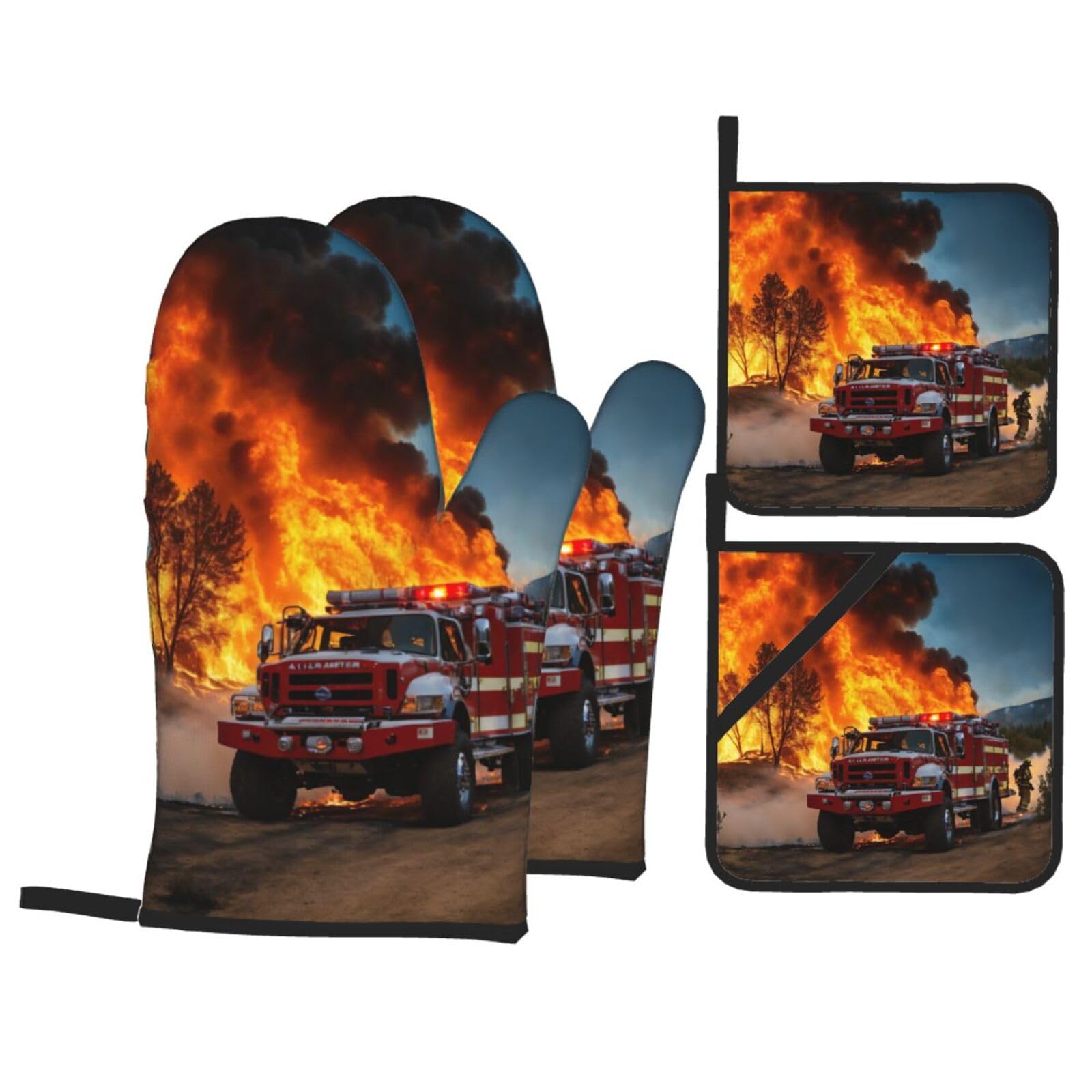 Firefighter Fireman Flame Print 4-Piece Heat-Resistant Oven Waterproof Kitchen Gloves Cooking Roasting Essential