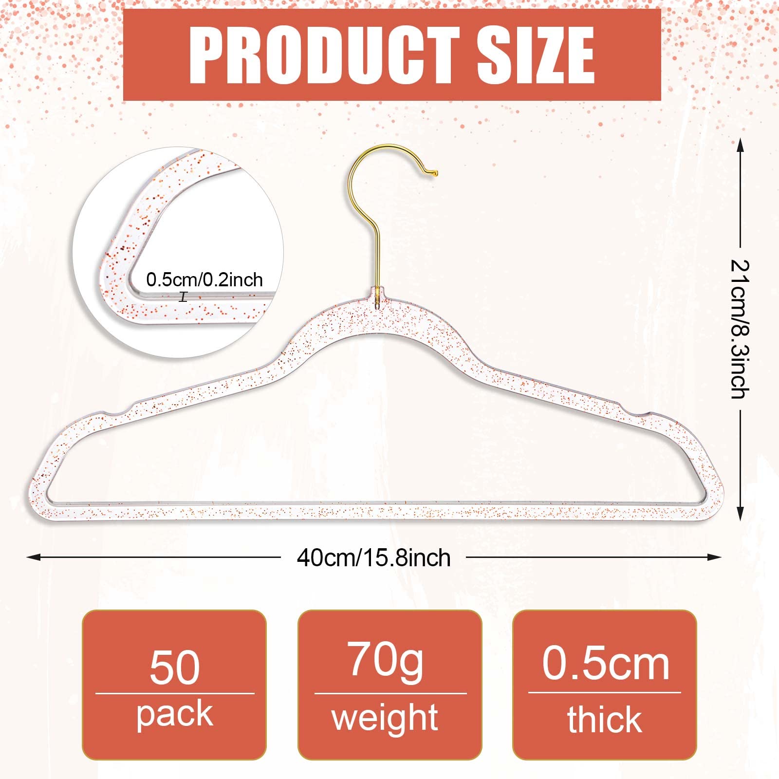 100 Grucce In Acrilico Trasparente Roshtia Con Glitter Oro – 40 Cm, Antiscivolo, Risparmio Spazio