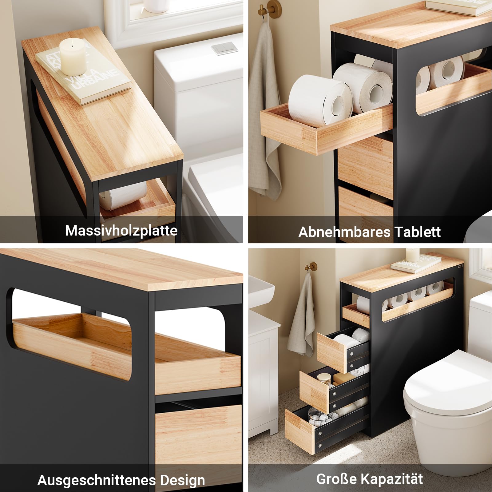 SoBuy Badezimmerschrank Schmal Badschrank mit 3 Schubladen Nischenschrank Holz für kleine Bäder WC & Küche Toilettenschrank Beistellschrank, Schwarz 65x23x82cm BZR54-II-SCH