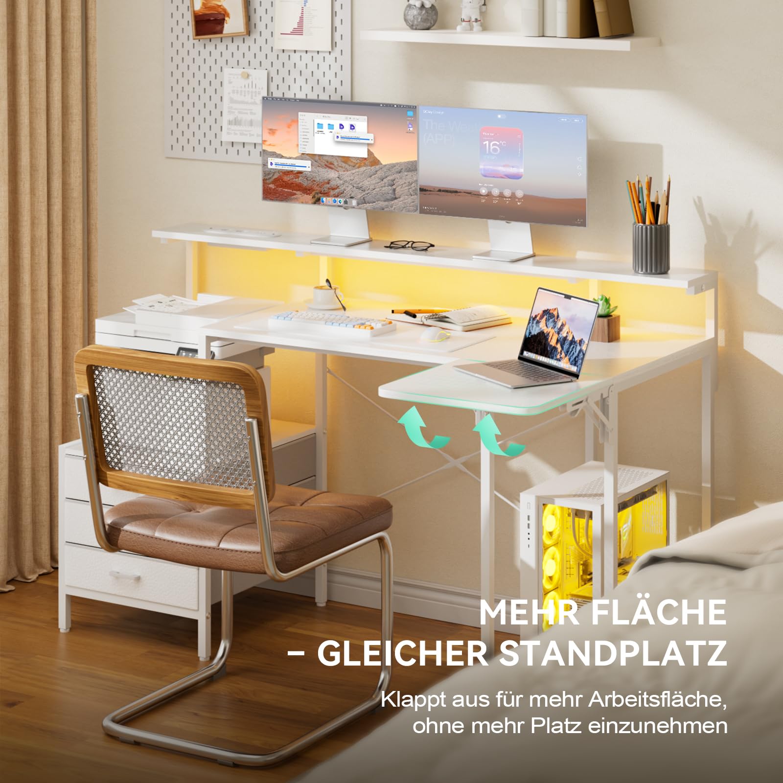 HLONONE 140 × 85 cm Schreibtisch mit Schubladen & LED, Computertisch mit Steckdose, Bürotisch mit Stauraum und Monitorablage, Eckschreibtisch für Homeoffice Schlafzimmer, Weiß