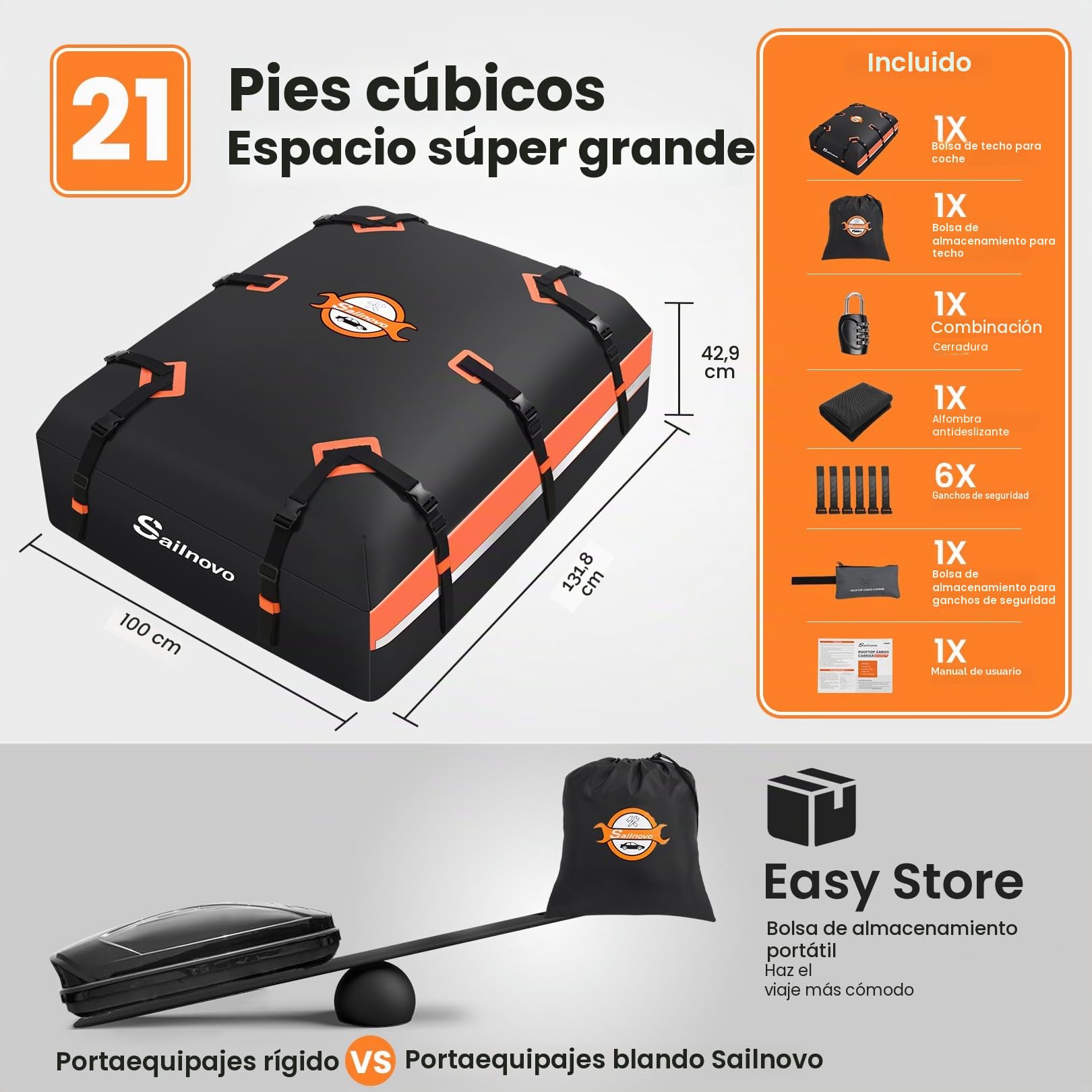 Sailnovo Cofre de Techo para Coche Impermeable y Resistente a la Intemperie, Bolsa de Techo para Viaje con Alfombrilla Antideslizante, 6 Ganchos de Puerta y Candado de Combinación, 595L, PVC 1000D