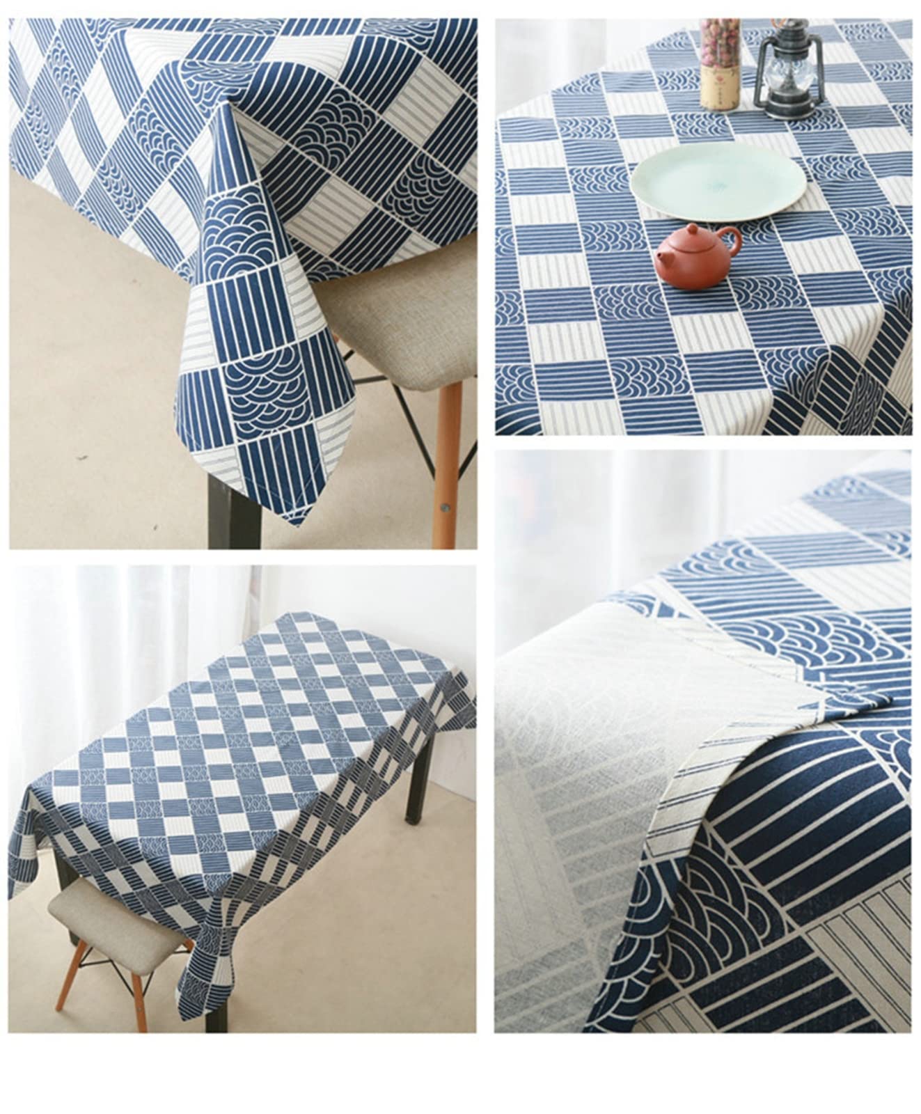 Aeici Tavolo da pranzo che copre le tovaglie rettangolari per la sala da pranzo in cotone reticolo, blu bianco 140X220cm