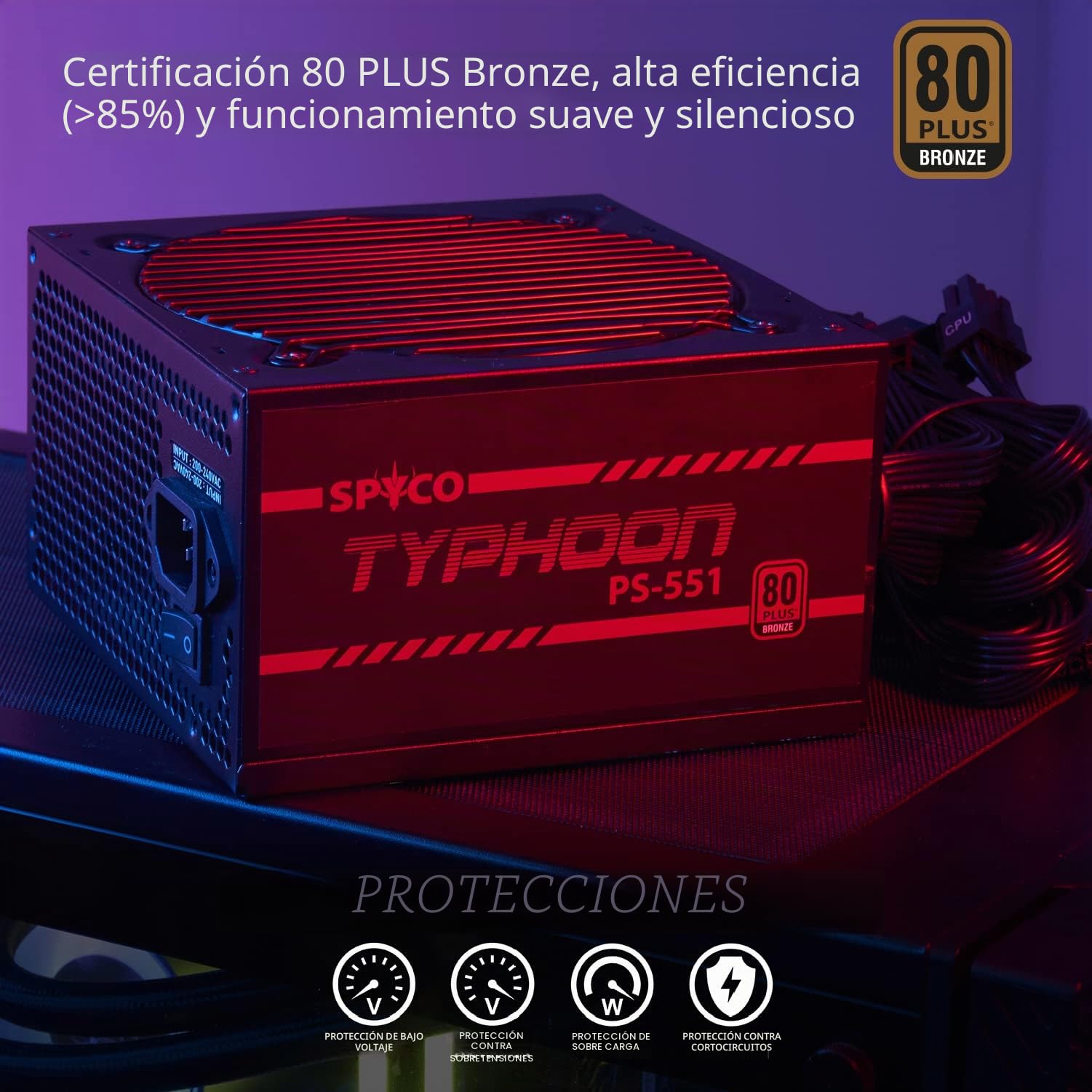 SPYCO - Fuente de Alimentación Gaming PS-551 , 550 W 80 Plus Bronze, Bajo Nivel de Ruido, Ventilador Silencioso, Condensadores Teapo, Tamaño Compacto, Negro