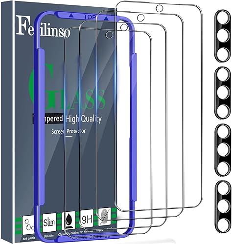 Ferilinso Paquete de 4 protectores de pantalla para Samsung Galaxy S24 Plus con 4 protectores de lente de cámara de vidrio templado para fundas de
