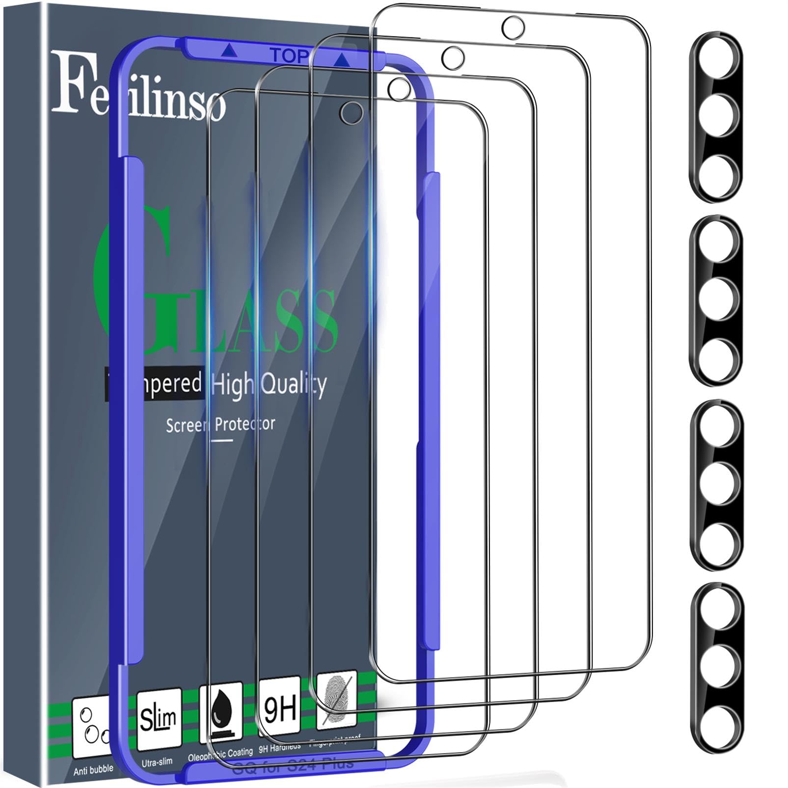 Ferilinso 4 Pack Screen Protector for Samsung Galaxy S24 Plus with 4 Pack Tempered Glass Camera Lens Protector Phone Case Friendly Accessories Protector de Pantalla for Samsung S24 Plus 6.7 INCH