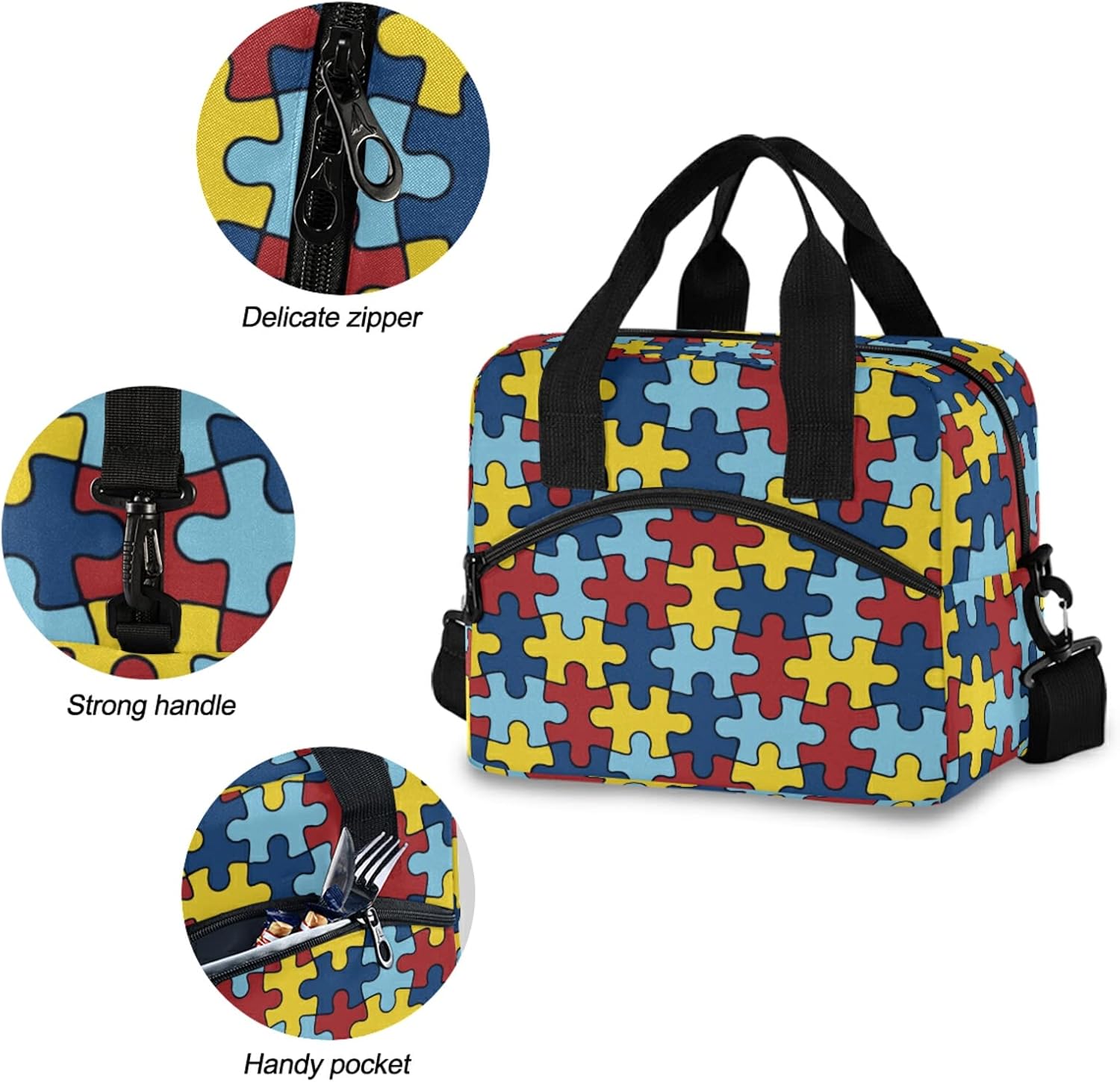 Autism Awareness Colorful Puzzle Piece Lunch Bags for Women Men, Reusable Insulated Lunch Box, Adjustable Shoulder Straps Tote Lunch Bag for Work Picnic School image 5
