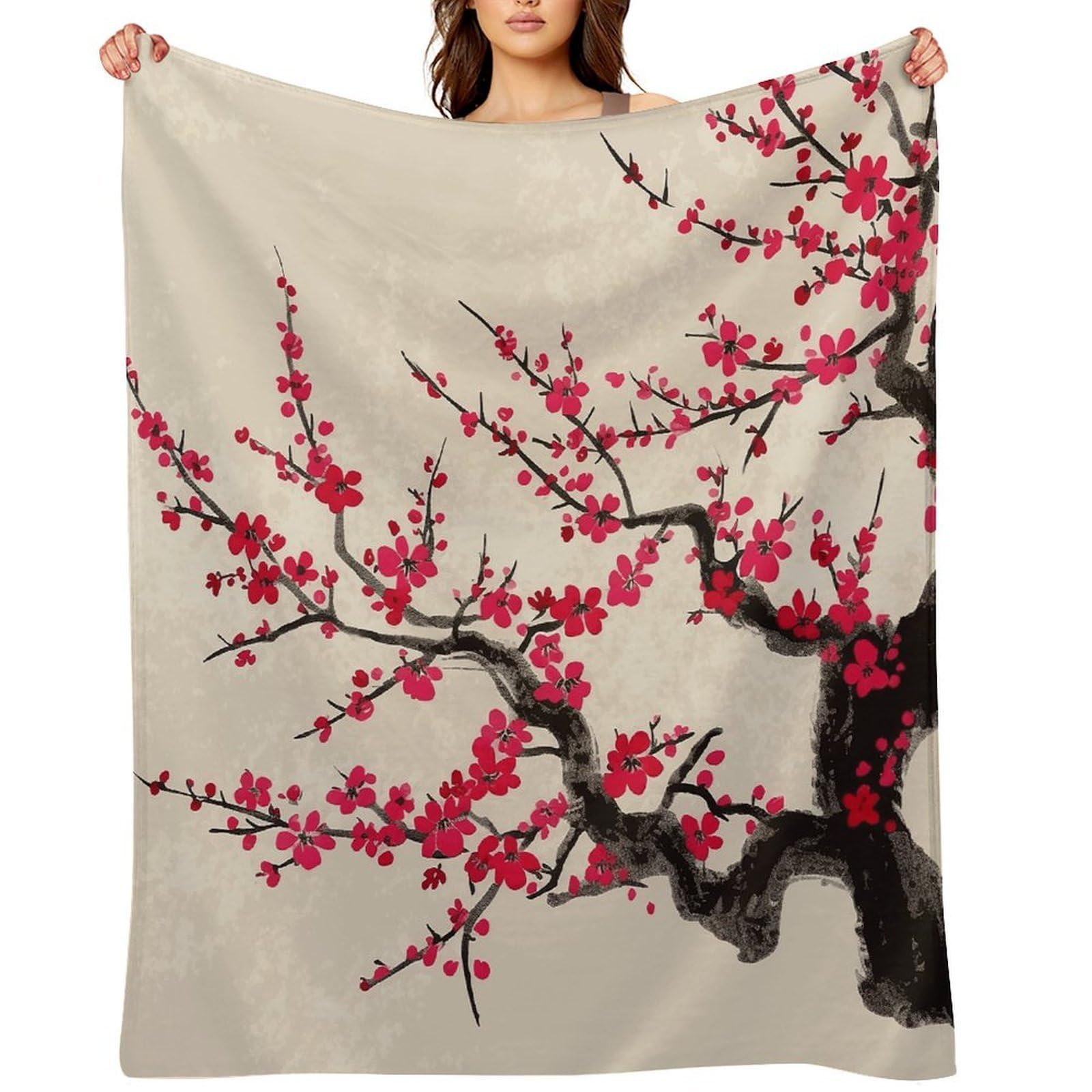 Japanese Floral Cherry Blossom Throw Blanket for Couch and Bed Super Soft Warm Lightweight Throw Blankets Cozy Fuzzy Flannel Blanket Personalized Decorative Blankets for Sofa Decor 60"x80"