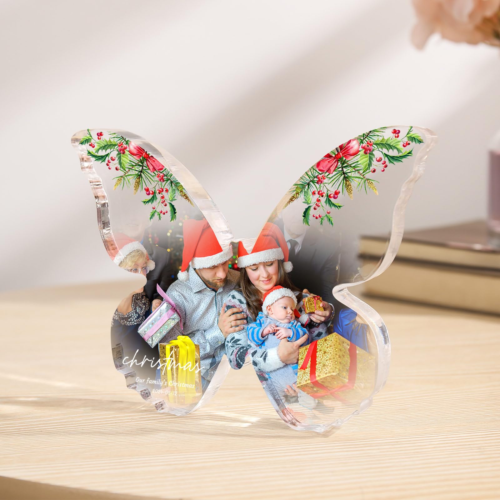 Gift for Christmas Personalised Acrylic Decoration with Photo Text for Family Friends Colleagues (Butterfly 2)