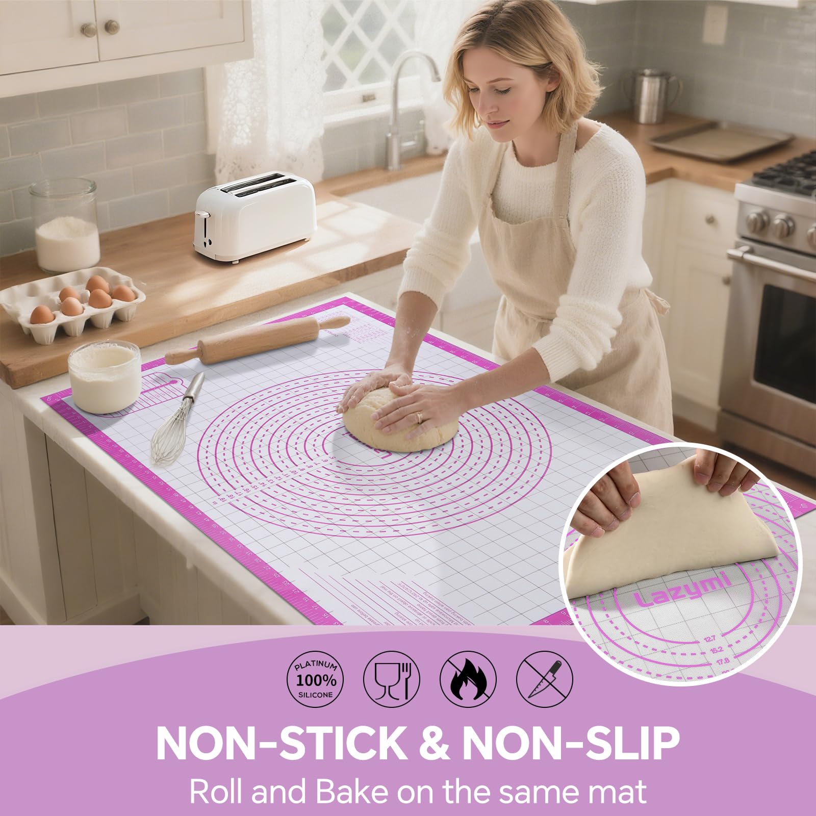 Tappetino da forno extra large in silicone, antiaderente, misura 91 x 61 cm, tappetino antiscivolo in silicone per impastare, tovaglietta, tovaglietta, glassa fondente, torte, pizza (viola)
