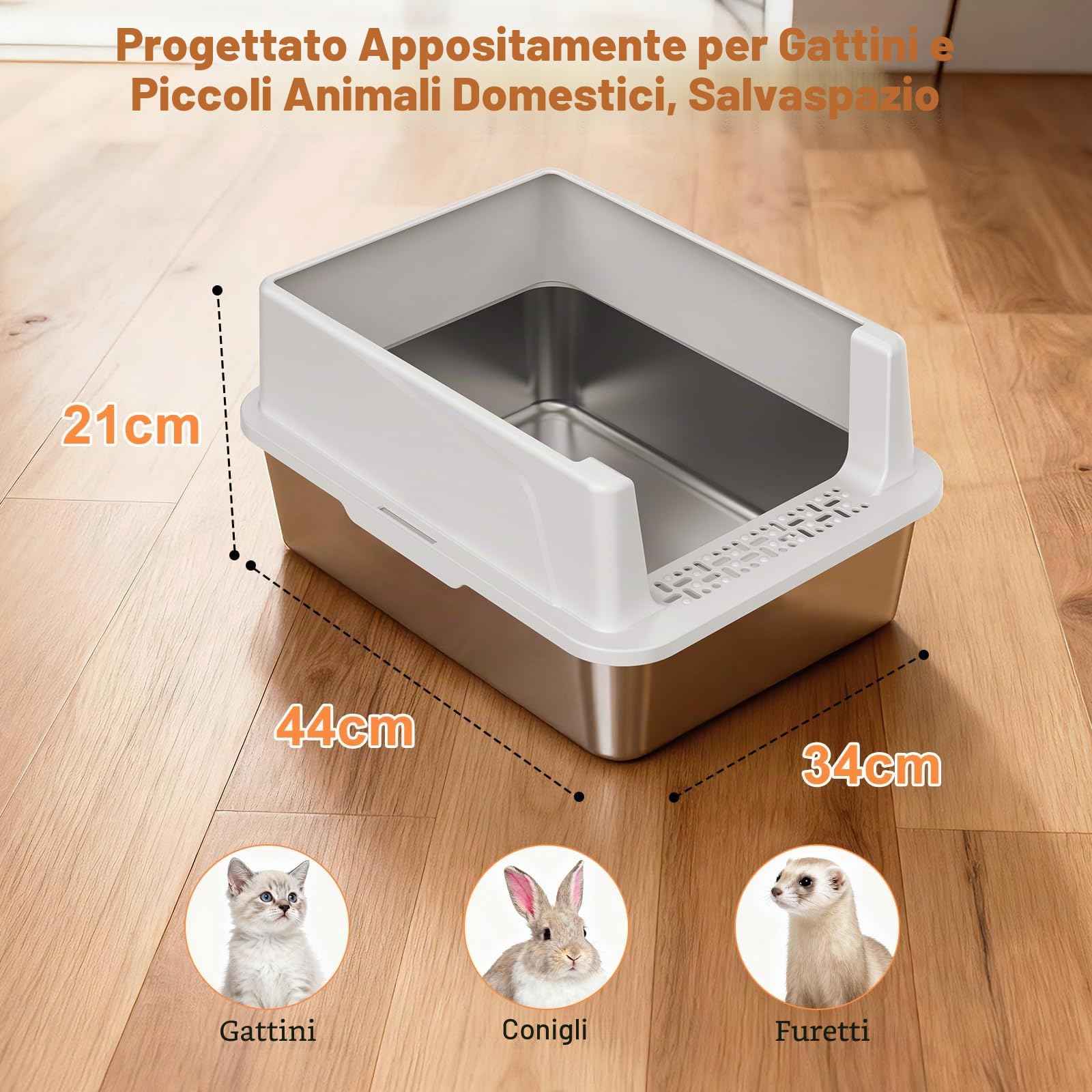 MIXJOY Lettiera per gatti in acciaio inox, 18 l, piccola per gattini, design aperto, bordo alto, a prova di perdite, salvaspazio, con paletta, 44 x 34 x 21 cm