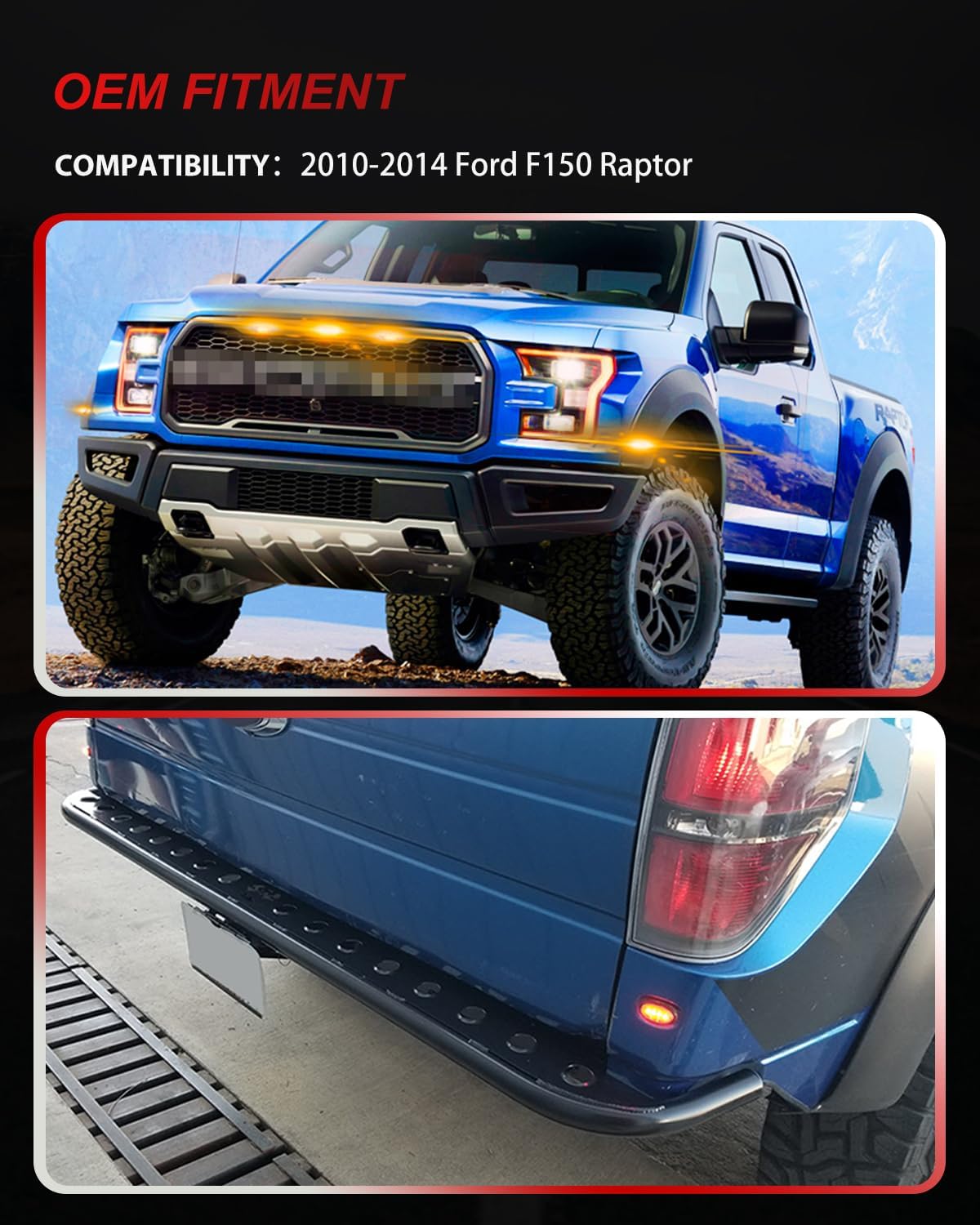 4-Piece For Ford SVT Raptor 2010-2014 Replace OEM Sidemarker Lamp Smoked Lens Amber&Red LED Front/Rear Fender Bumper Side Marker Lights Corner Marker Light Parking Lamp