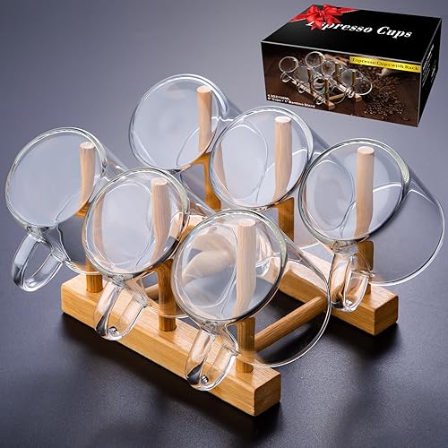 PARACITY Juego de 6 tazas de espresso con soporte de bambú, accesorios de espresso aislados de 4.3 onzas, vaso de chupito de espresso de