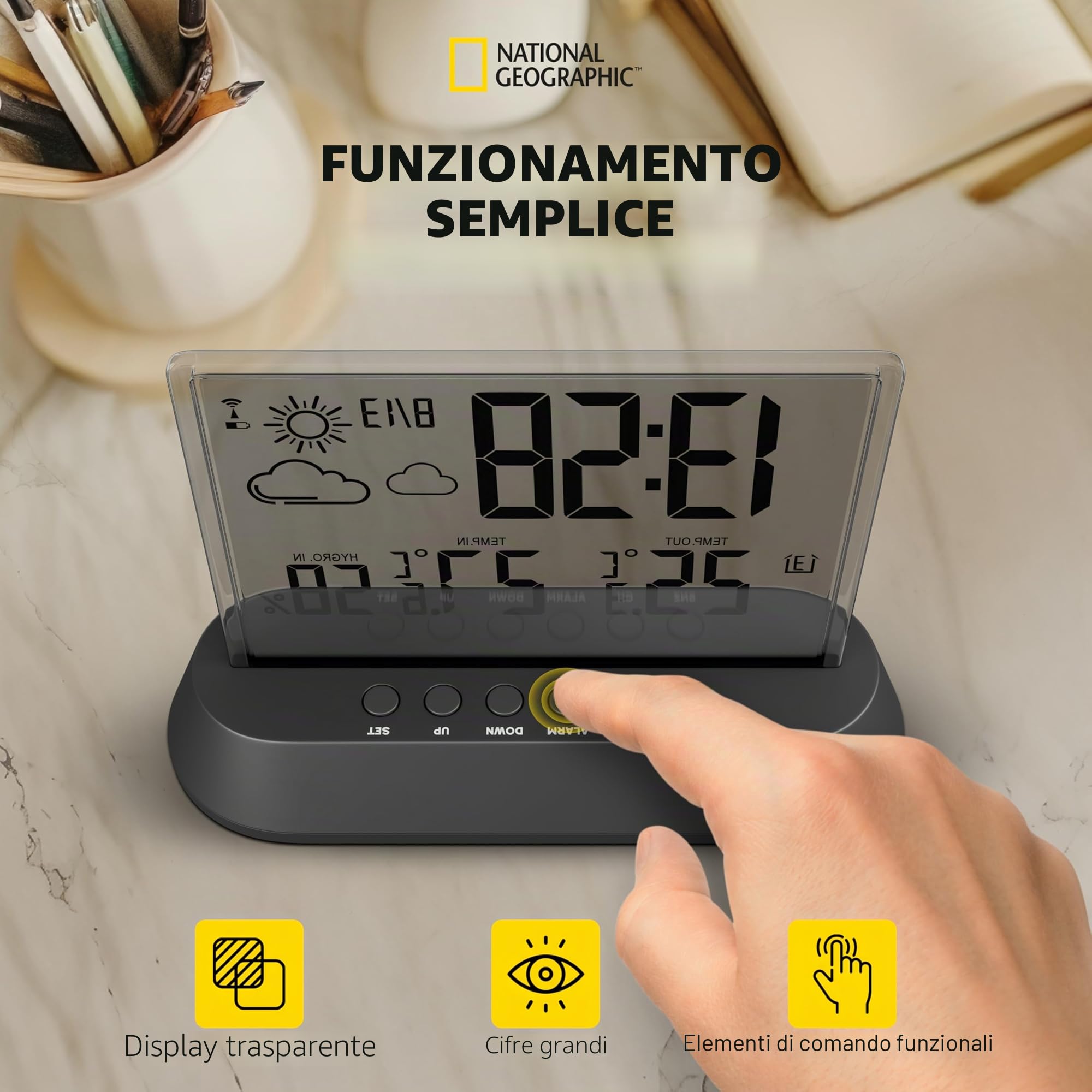 National Geographic Stazione meteorologica Radio con sensore da Esterno dal Design Trasparente con Schermo per visualizzazione dei valori di Temperatura e umidità e delle Tendenze Meteo