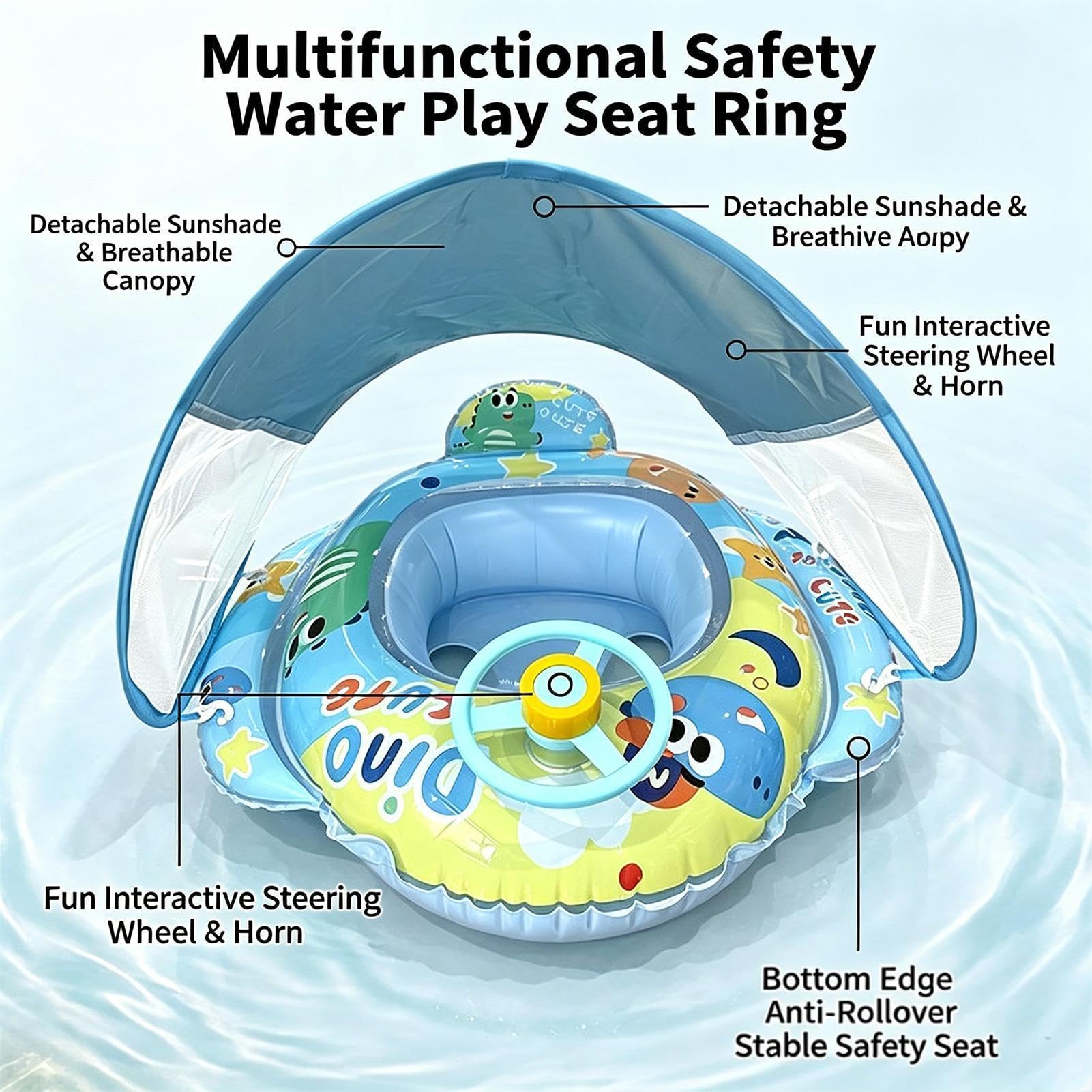 Flotador Infantil de Piscina con toldo Volante de Dinosaurio Inflable | Lindo para Natación con Toldo Para playa vacaciones parque acuático lago río viaje accesorio fotográfico