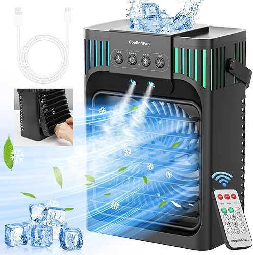 Aire acondicionado portátil, enfriador de aire evaporativo 3 en 1, 7 luces LED y 3 velocidades de viento, niebla fría y temporizador de 2-8 horas de