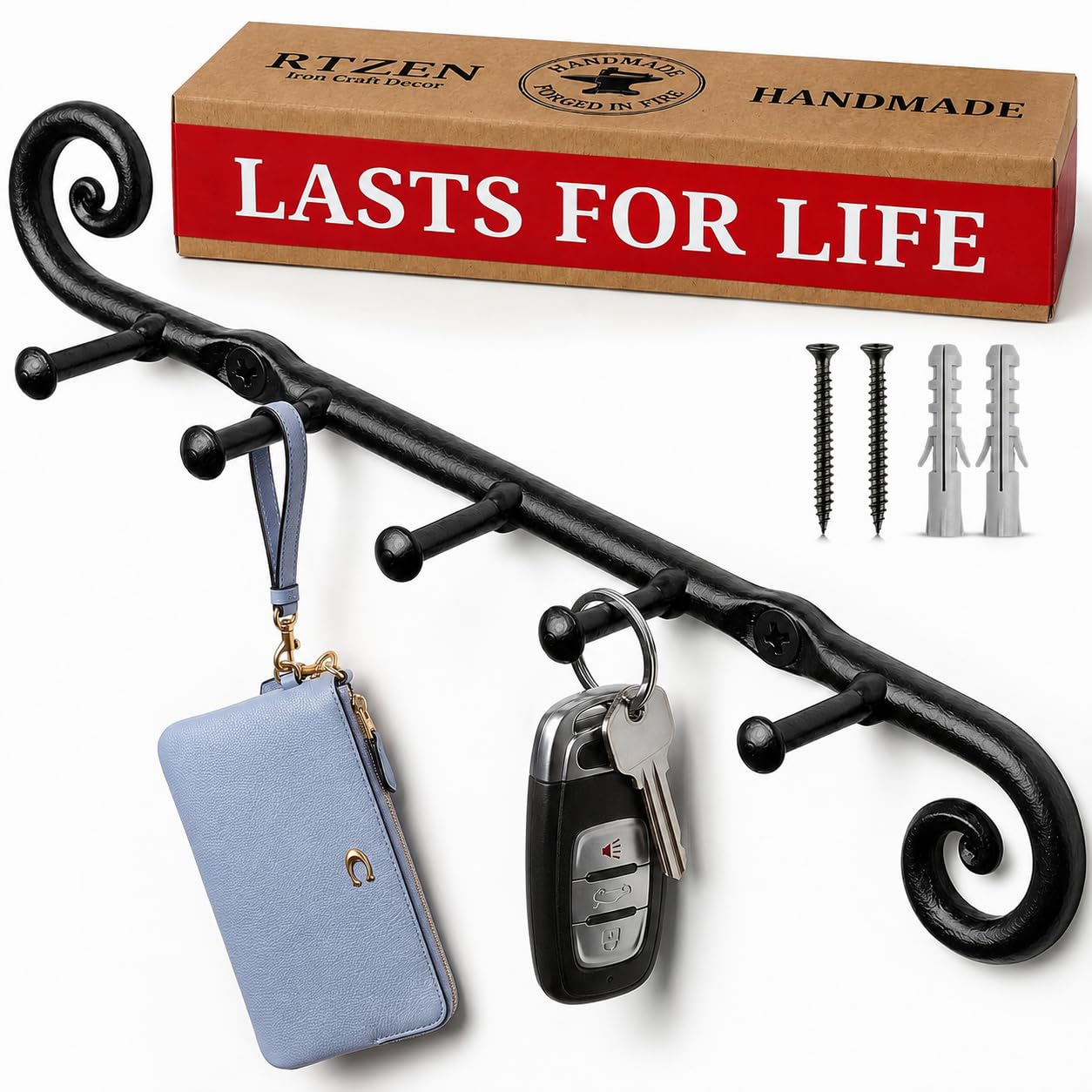 RTZEN Farmhouse Small Key Holder for Wall, Wrought Iron Wall Mount Rack | Handcrafted Swirl Decorative, 5 Key Hooks for Home Entryway, Purse, Coat and Leash Holder or Organizer (Classic Black)