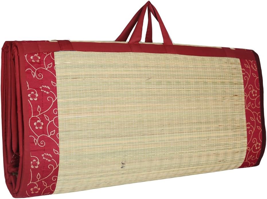 KALA DARSHAN CRAFTS BAZAARFoldable korai Grass Mat 6X6 ft with 15MM Soft Foam Fabric Maroon Butter Satin