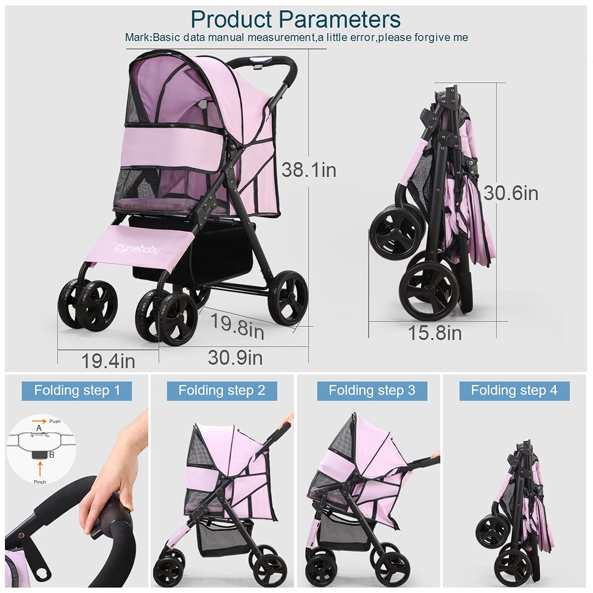 Pet Stroller for Cat Dog - 4 Wheels Foldable Traveling Lightweight Animal Gear Carriage for Small Medium Size Dogs & Cats Rabbit with Storage Basket (Pink) : Pet Supplies