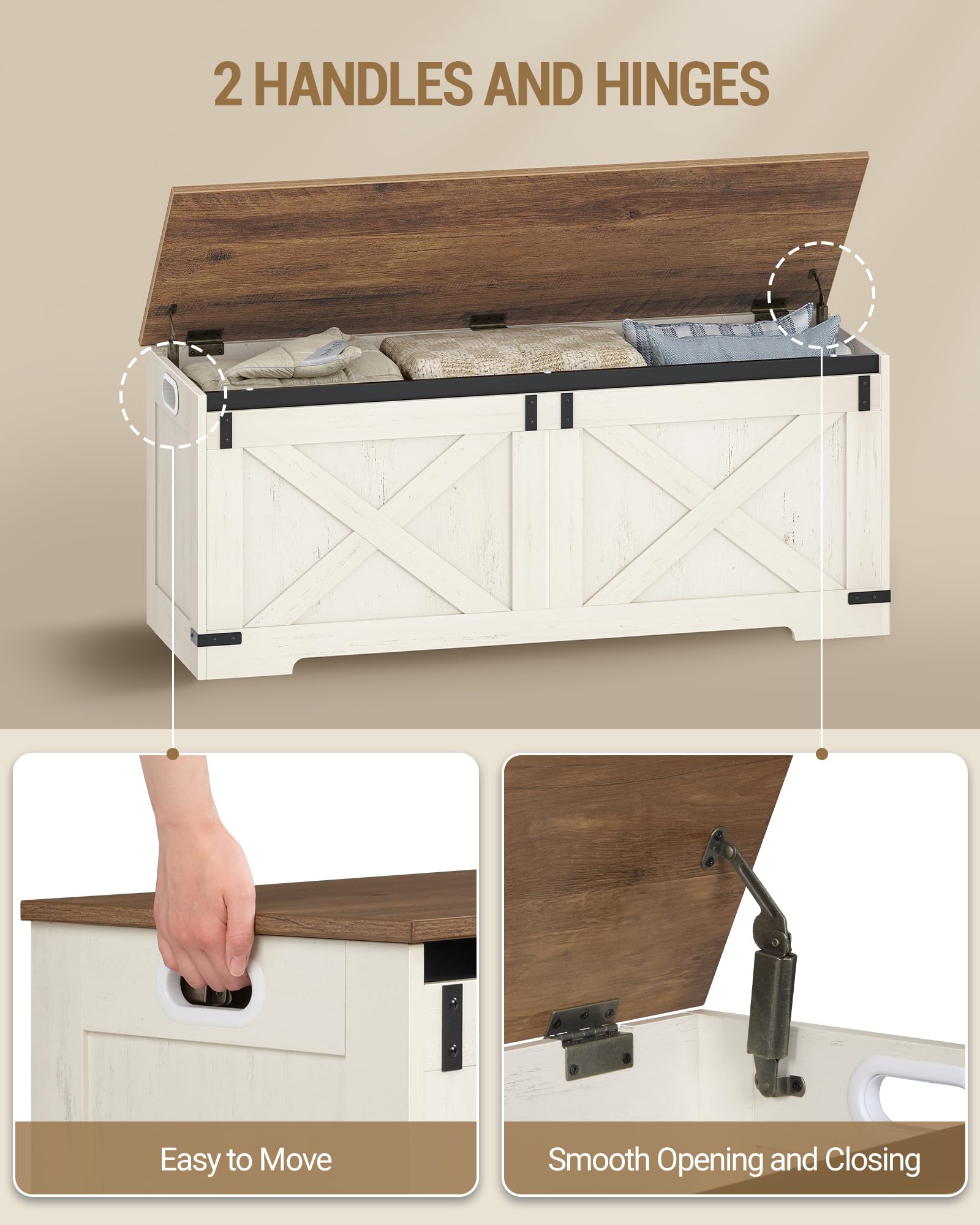Hzuaneri Cassapanca con Vano Portaoggetti, 40 x 120 x 48 cm, Bianco Marrone | Mobile Seduta con Cerniere di Sicurezza, Contenitore, per Corridoio, Camera da Letto, Soggiorno, SB12014X