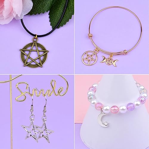 Miniatura 4 de 70 dijes mixtos de estrella de pentáculo, luna, pentagrama, bruja, colgantes, protección de aleación vintage, dijes de la suerte para bricolaje,