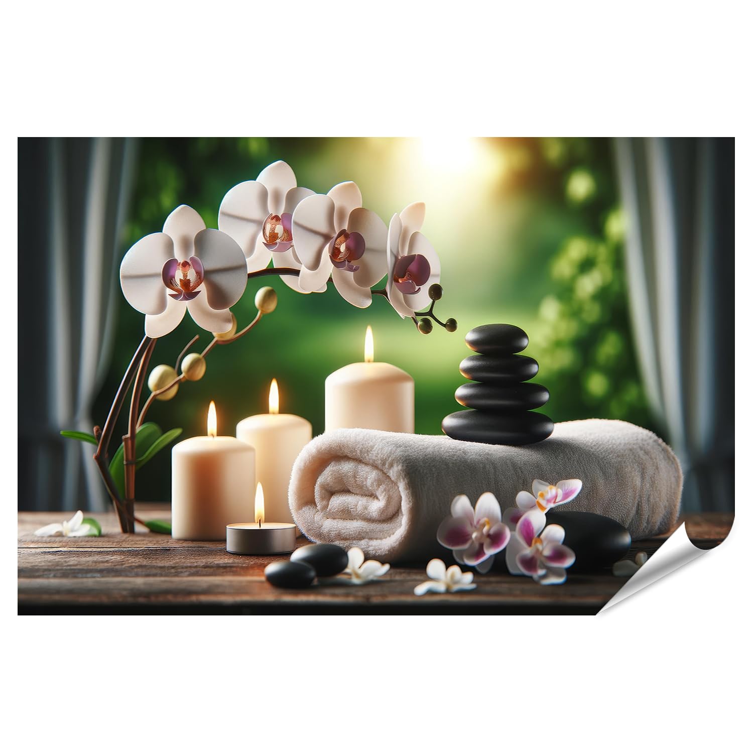 islandburner Poster XXL con oasi di benessere con candele e orchidee, massaggio tailandese, immagini di alta qualità
