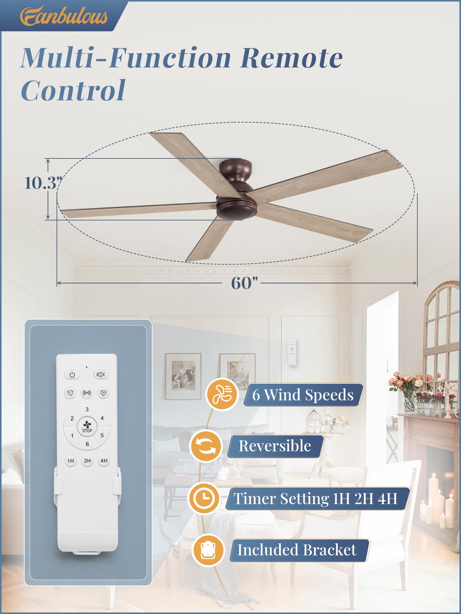 Ventilador de techo de perfil bajo de 60 pulgadas, sin luz, ventilador de techo de café de 6 velocidades, reversible y silencioso, ventiladores de techo para interiores y exteriores