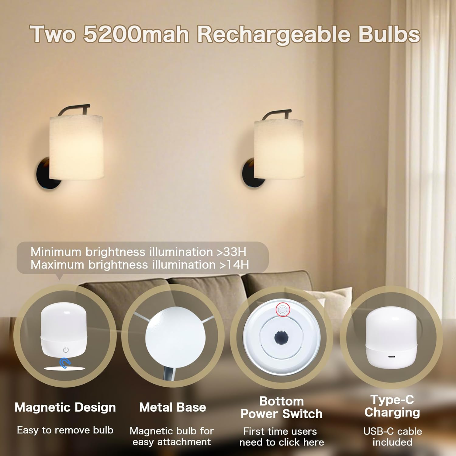 Rechargeable Battery Operated Wall Sconces Set of 2, Wireless Wall Lights with Remote Control 12 RGB Colors Magnetic Bulbs 5200mAh Battery Wireless Sconces for Bedroom Living Room (Black)