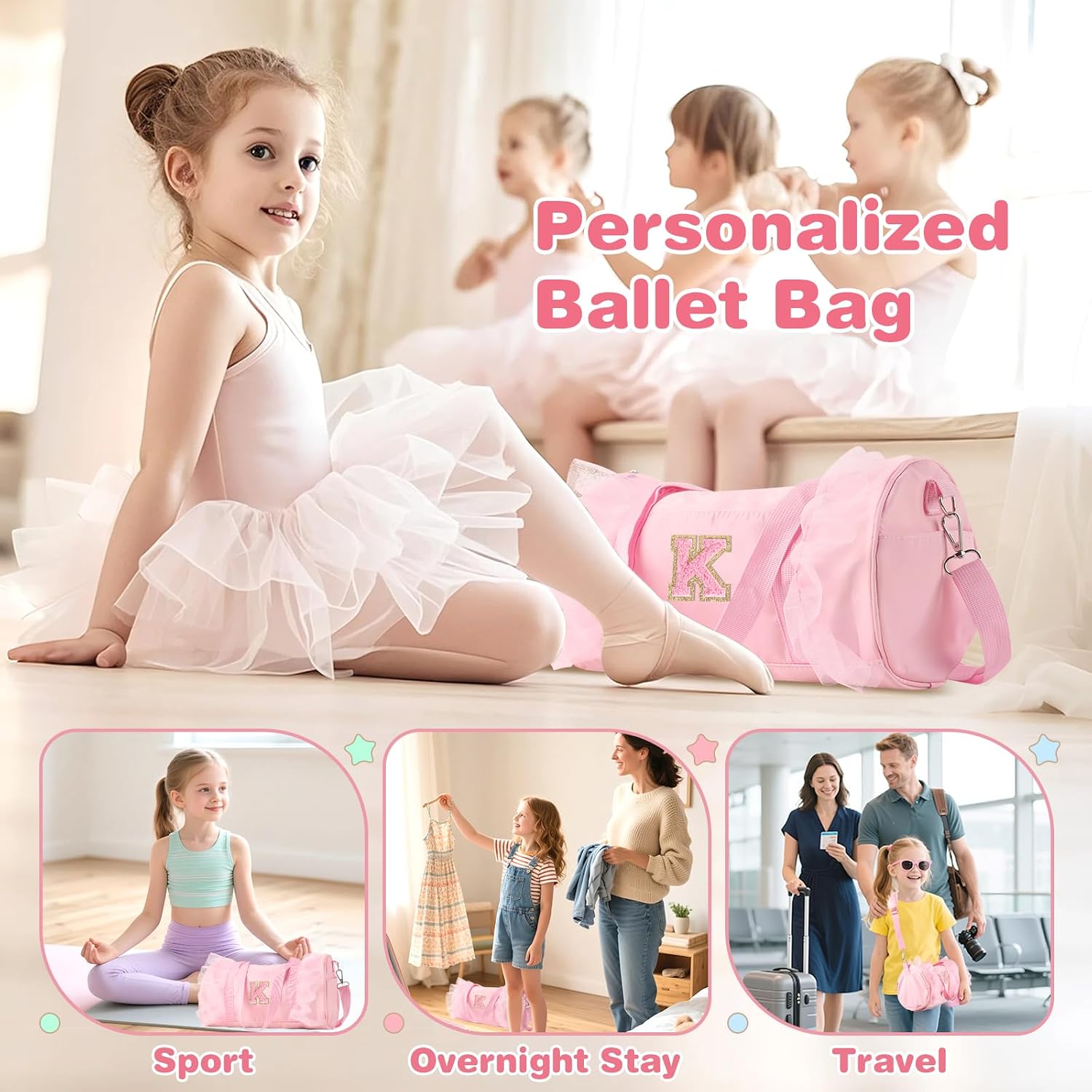 Personalized Initial Dance Bag for Girls 4-6, Small Lace Gym Sport Yoga Cheer Dance Bags Gift for Teen Girls, Cute Letter Kids Ballet Bag Toddler Travel Duffel Tote with Adjustable Straps(Pink-K)