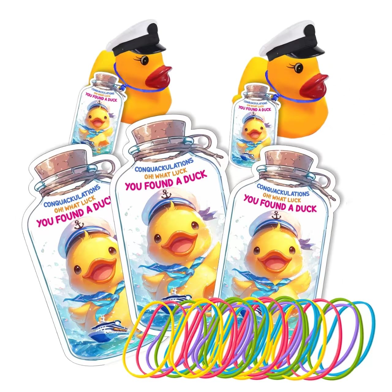 Duck Tags, Cruising Rubber Duck Tags, 50 Set Duck Tags for Cruising, Cruise Duck Ducking Games Card, Yellow DCUK & Drift Bottle Shape Design, with Round Hole and Rubber Bands-CONQUACKULATIONS — image 1