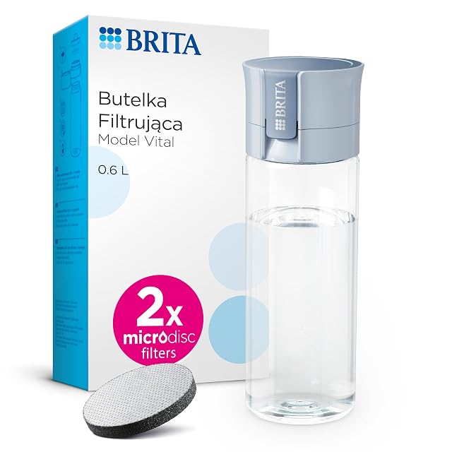 BRITA Butelka filtrująca Vital pastelowy błękit (0,6l) zawiera 2 filtry MicroDisc – filtruje chlor, zanieczyszczenia, hormony i pestycydy, zachowuje cenne minerały