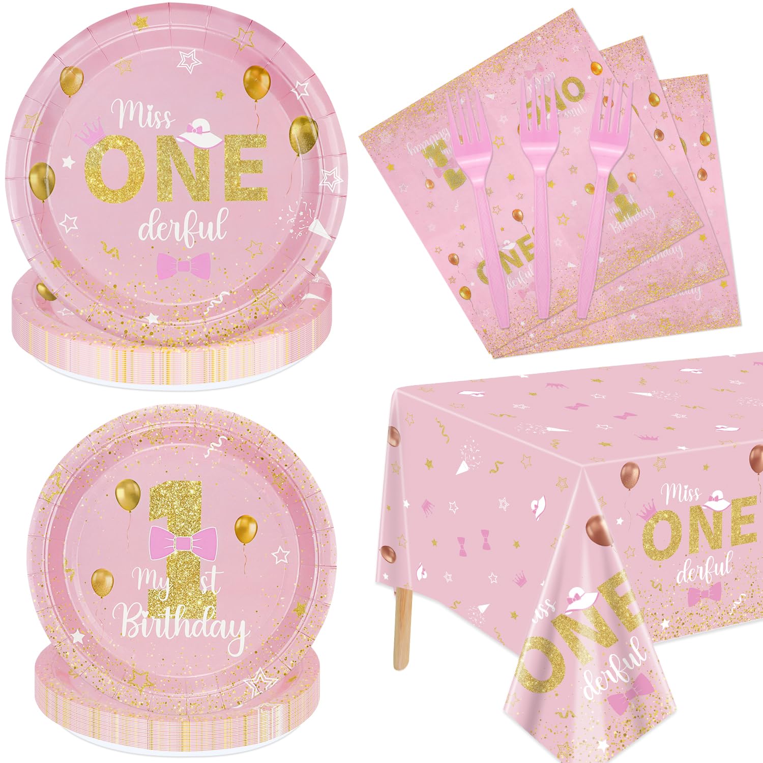 Miss Onederful Birthday Decorations - Pink Gold Party Plates, Napkins, Tablecloth, First Birthday Decorations Tableware for Baby Shower 1st Party
