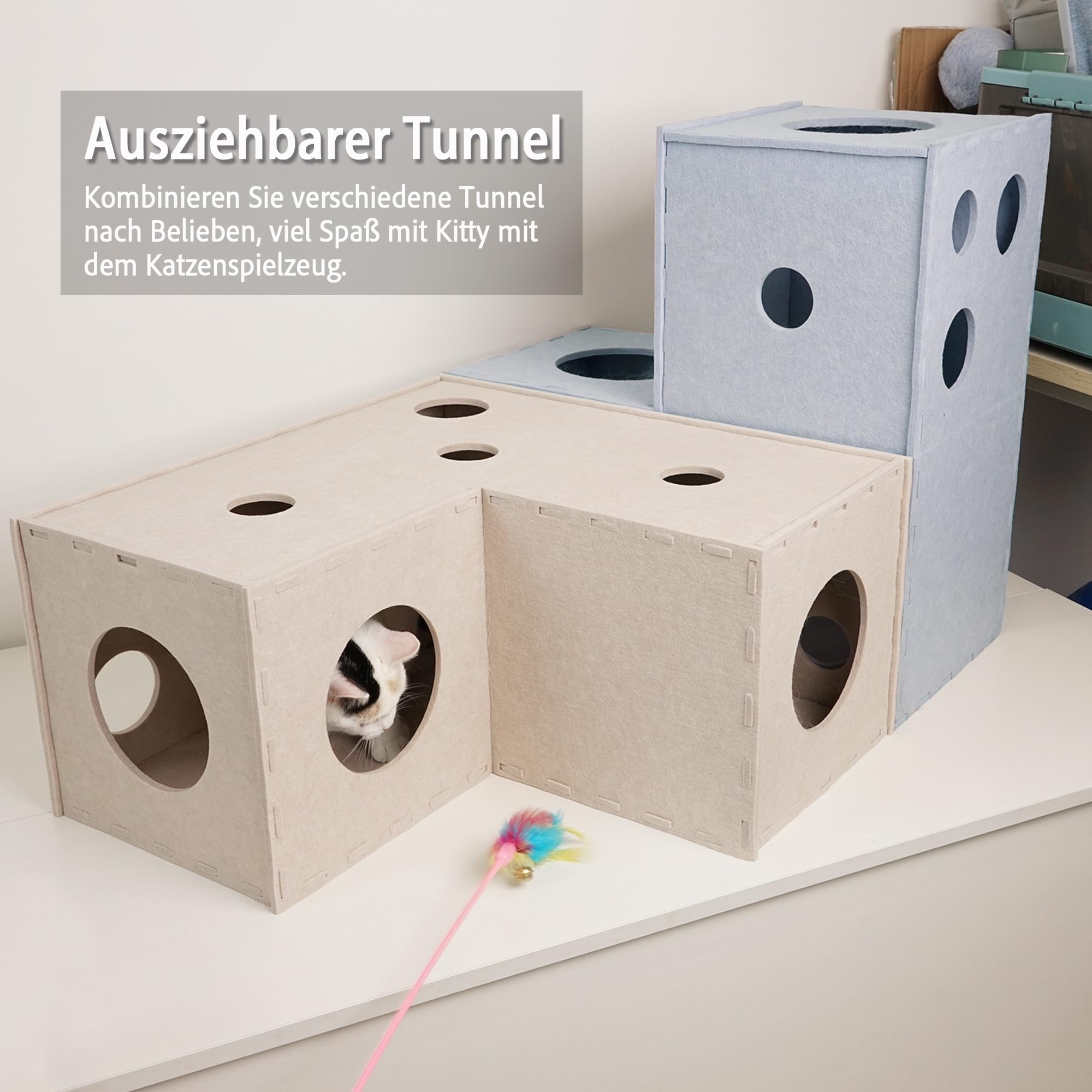 PETKARAY Katzentunnel, Original Katzenversteck Höhle für Indoor-Katzen, große Kätzchen-Spielröhren und Tunnel, weiches Filz-Katzenspielzeug mit interaktivem Guckloch