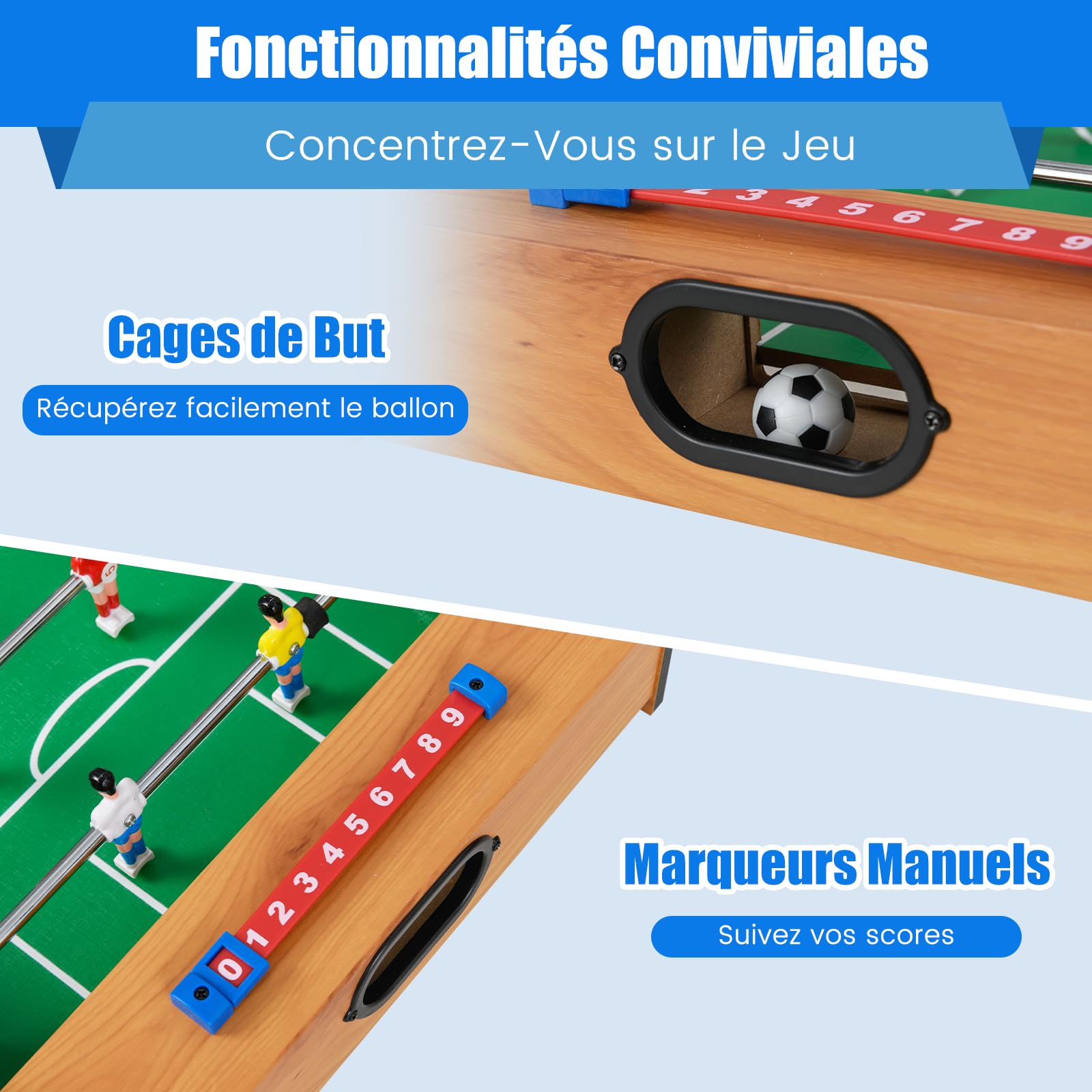 COSTWAY 2 en 1 Baby-Foot en Bois avec Air Hockey & 18 Joueurs, Table de Jeu avec Poignée Antidérapante & 2 Ballons & 2 Palets & 2 Poussoirs, Jouet d'Arcade pour Fête Bar Salle de Jeux