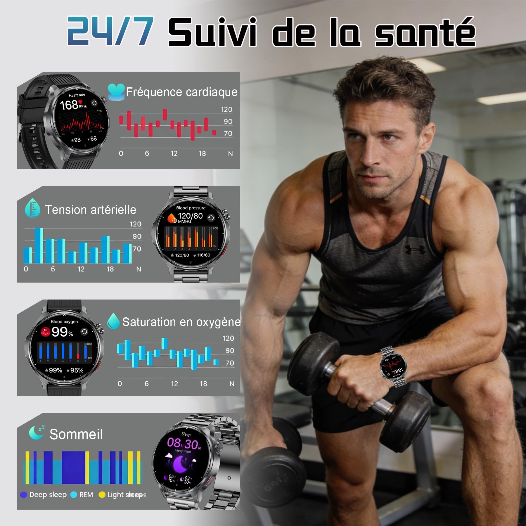 Montre Connectée Homme, 1.52'' HD Écran avec 1000mAh Batterie, Smart Watch Homme Appel Bluetooth, Cardiofréquence, Sommeil, 110+ Sportifs, Étanche IP68 Montre Sport pour iOS Android
