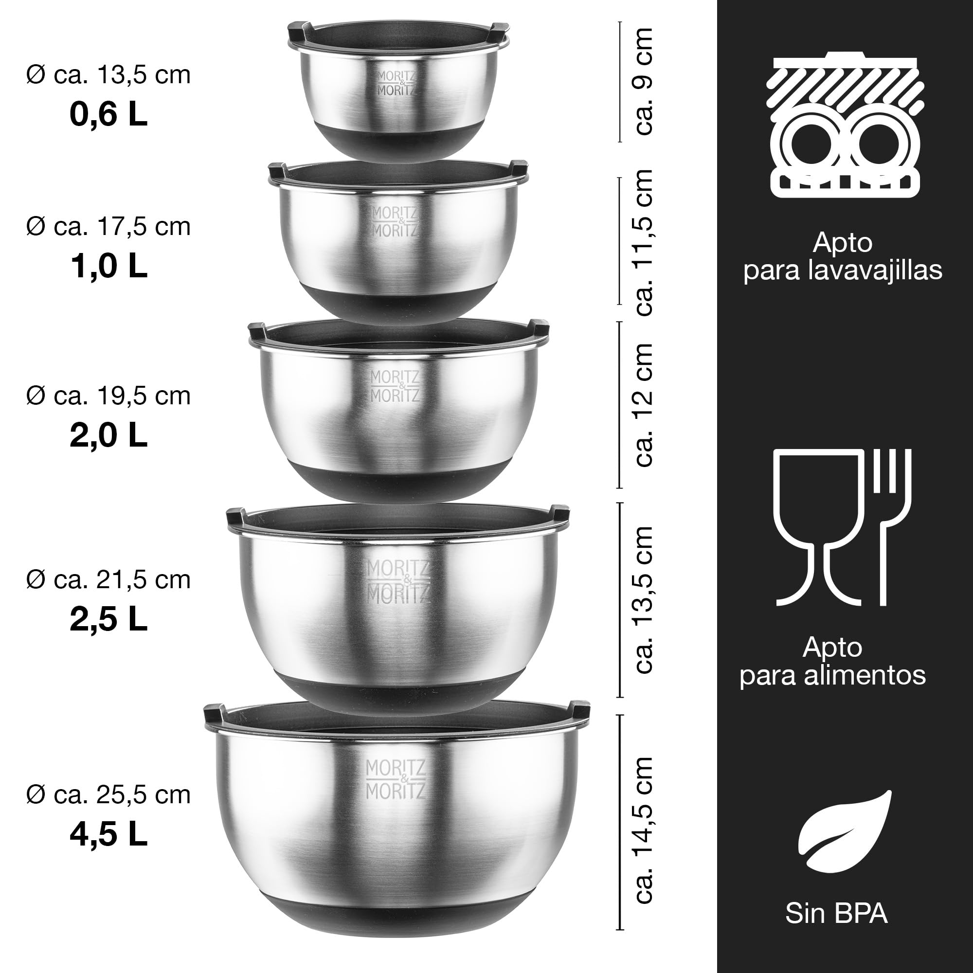Moritz & Moritz Set de 5 Cuencos Acero Inoxidable con Tapas – Set Cuencos Apilables Antideslizantes para Mezclar, Servir y Hornear, Cuenco Ensalada, Cuencos de Cocina Resistentes para Uso Diario