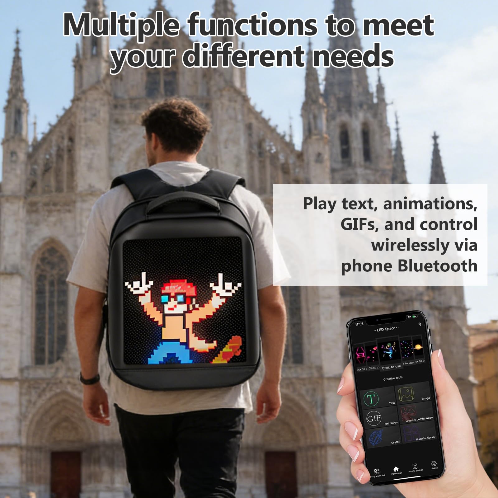 LED Mochila con Control Mediante Aplicación, Mochila Portatil avc Cubierta Impermeable, Pantalla Digital Programable, Alimentada por USB, Ligera y Duradera Mochila Trabajo para Hombres y Mujeres
