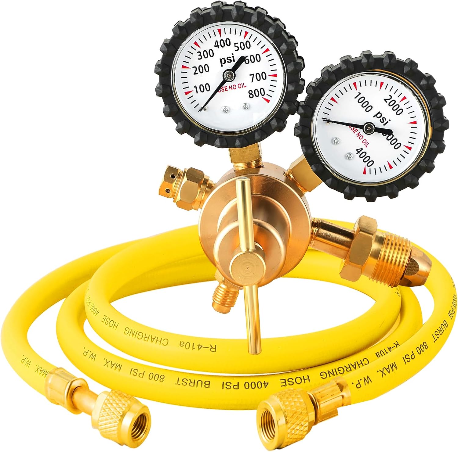 Nitrogen Gas Regulator Kit with Double Gauges, 0-800 PSI Delivery Pressure Range, 1/4" Male Outlet Connection and CGA580 Inlet, with 6.5 Ft Hose, Ideal for HVAC and Refrigeration