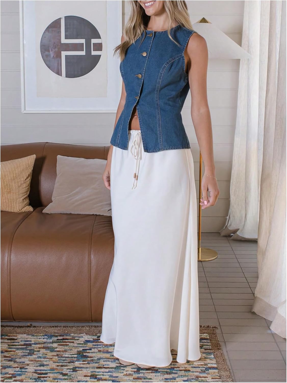 Milumia Women's Vintage Button Down Denim Tank Top Split Hem Sleeveless Vests - Image 2