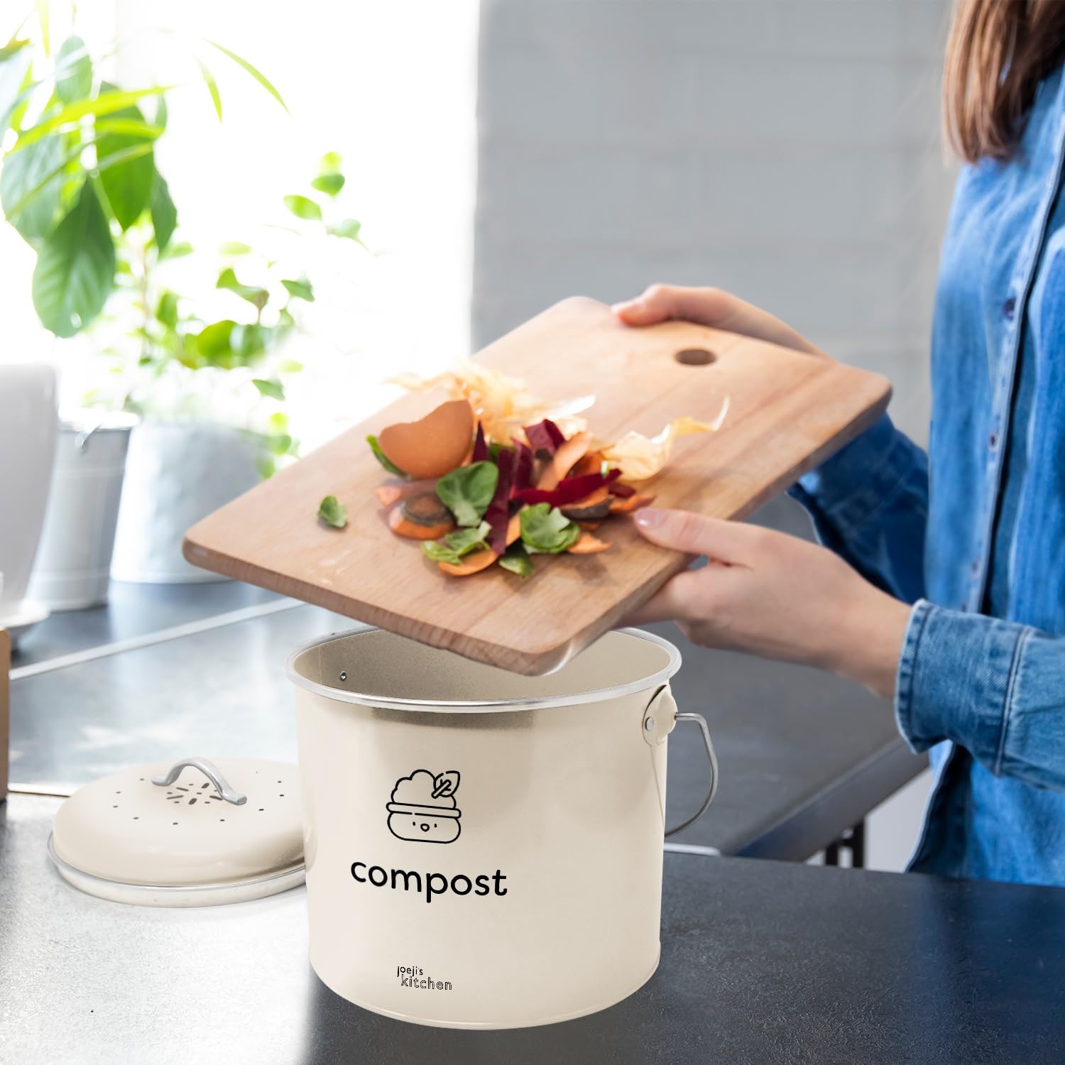 Bac à Compost 3,5 l – Compost de Cuisine Compact en Acier Galvanisé avec Filtres à Charbon