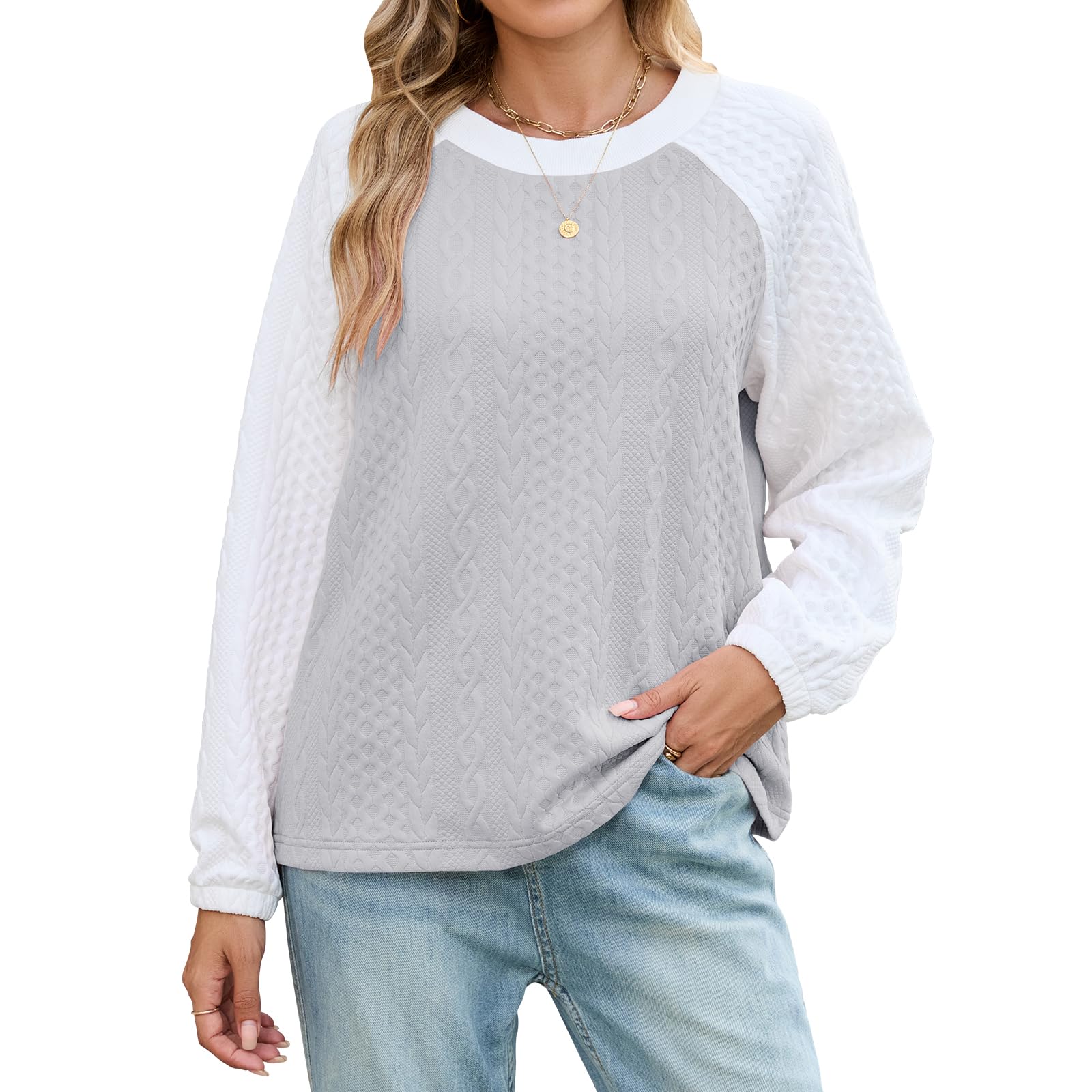 Quatrefox Shirt Damen Langarm Tshirt Elegant Rundhals Sweatshirt Grundlegend Tunika Farbblock Damenshirt Freizeit Langarmshirt Frühling Herbst Oberteile T Shirt