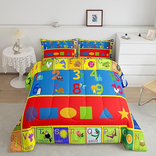 jejeloiu Juego de ropa de cama de aprendizaje educativo para niños y niñas, números ABC con formas del alfabeto, juego de edredón suave para juegos