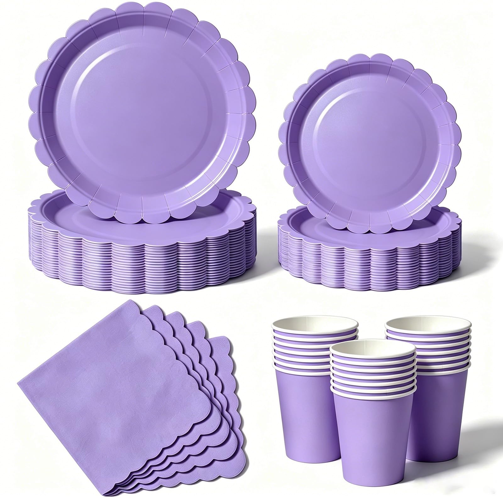 Nkaiso 50 Pcs Light Purple Scalloped Paper Plates and Napkins Set for 10