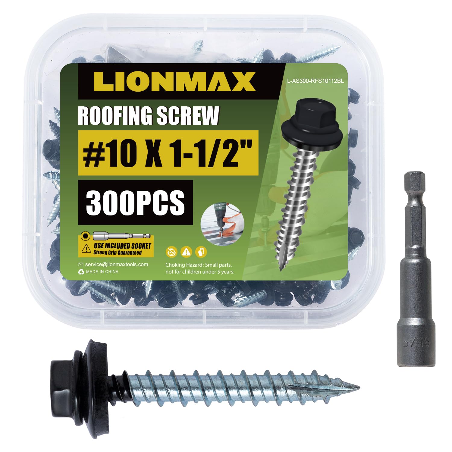 LIONMAX Metal Roofing Screws #10 × 1-1/2 Inch, 300-PCS, Black Painted Hex Head Sheet Metal Roof Screws, Rubber Washer, Sharp Point, Metal to Wood