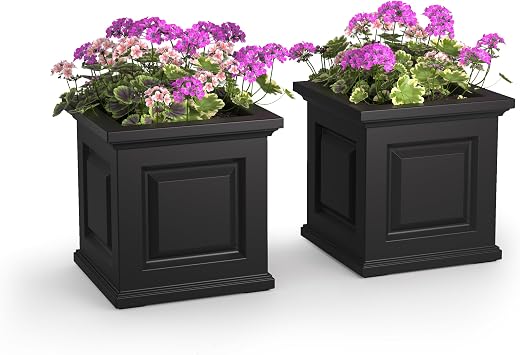 Mayne Nantucket 16in Self-Watering Square Planter, Black, 2-Pack | Self-watering, All season, Fade resistant, Double-wall design,